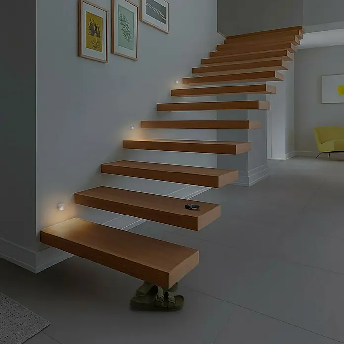 Hama LED-Nachtlicht Cozy 223502 - L x B x H: 4,4 x 6,4 x 2,5 cm - Moderne schwebende Holztreppe mit integrierten warmen Wandleuchten für Sicherheit und Ambiente.