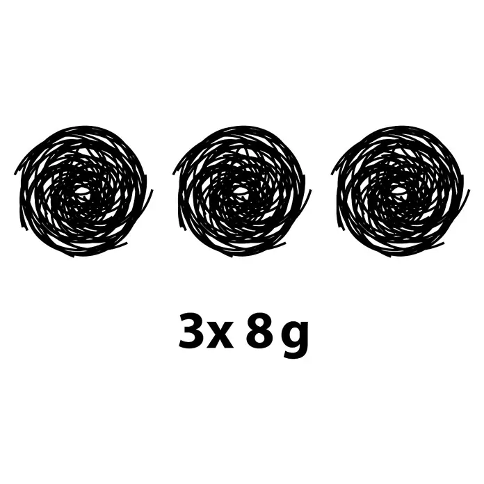 Kirchhoff Stahlwolle - Stahl, 3 Stk. - Drei schwarze, wirbelnde kreisförmige Objekte, beschriftet mit „3x 8g“.