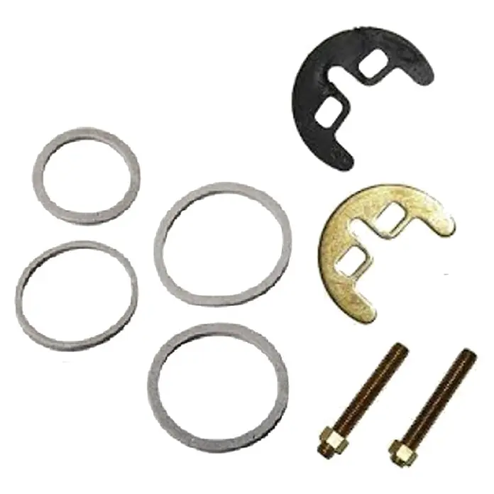 Kirchhoff Befestigungssatz für Armaturen M6 - Gesamtumfang: 8 -tlg. - Hardware-Sortiment: graue Gummiringe, schwarze und messingfarbene Metallklammern, sowie Messing-Gewindebolzen mit Muttern.