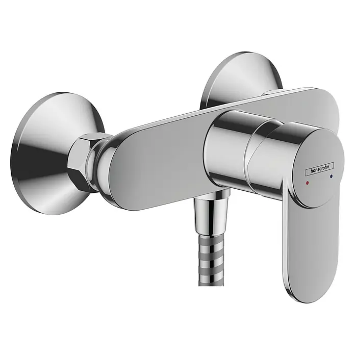 Brausearmatur LMH Vernis - Chrom, Glänzend - Verchromter Duschmischer mit Einhebelgriff, "hansgrohe" Branding und Schlauchanschluss.