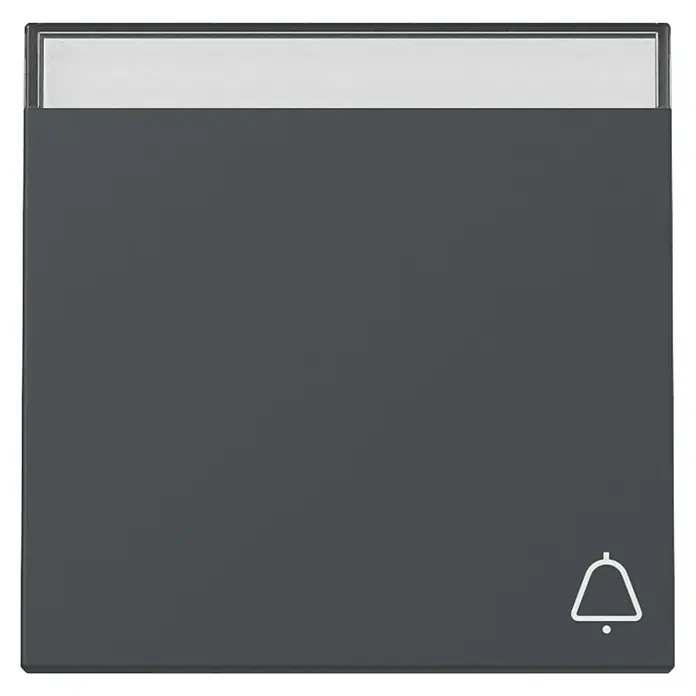 Gira Standard 55 Universalwippe mit Klingel-Symbol und Beschriftungsfeld 367303 - Anthrazit, Kunststoff, Unterputzmontage - Dunkelgraues Benachrichtigungsfeld mit weißem Displaybereich und einem Glockensymbol.