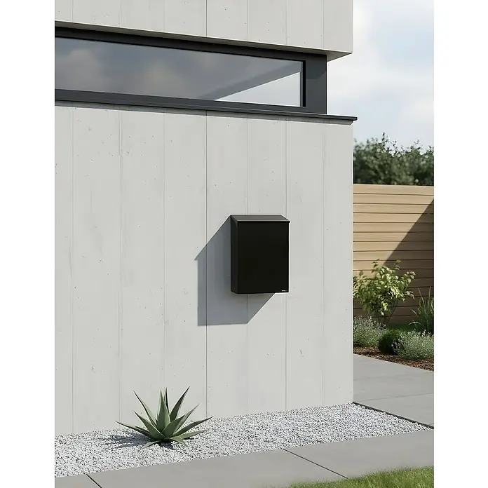 Allux Briefkasten 100 - L x B x H: 155 x 260 x 390 mm, Schwarz, Stahl - Schlanker schwarzer Briefkasten an der hellen Wand eines modernen Gebäudes für den Außenbereich.