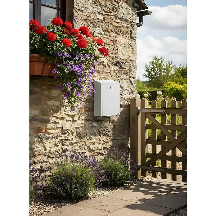 Allux Briefkasten 200 - L x B x H: 140 x 280 x 390 mm, Weiß, Stahl - Weißer Wandbriefkasten an einer Steinmauer, neben einem hölzernen Gartentor, umgeben von Blumen.