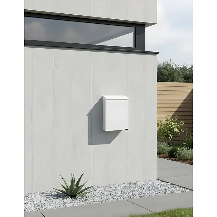 Allux Briefkasten 100 - L x B x H: 155 x 260 x 390 mm, Weiß, Stahl - Weißer, minimalistischer Briefkasten an einer hellgrauen Betonwand.