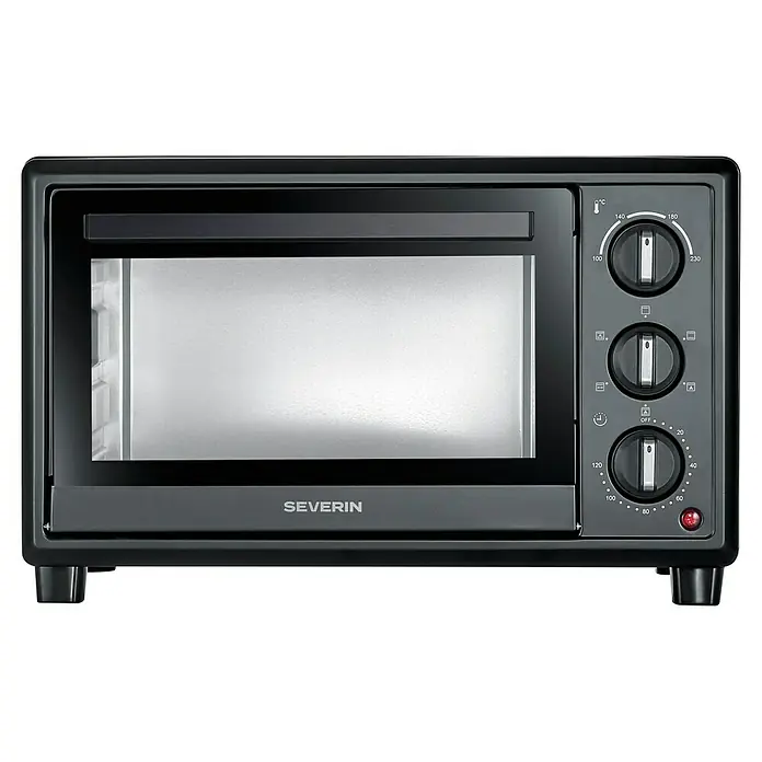 Severin Minibackofen TO2079 - Max. Leistung: 1.400 W, 20 l - Schwarzer Severin Mini-Backofen mit Glastür, silbernem Innenraum, drei Bedienknöpfen für Temperatur, Funktion und Timer sowie einer roten Kontrollleuchte.