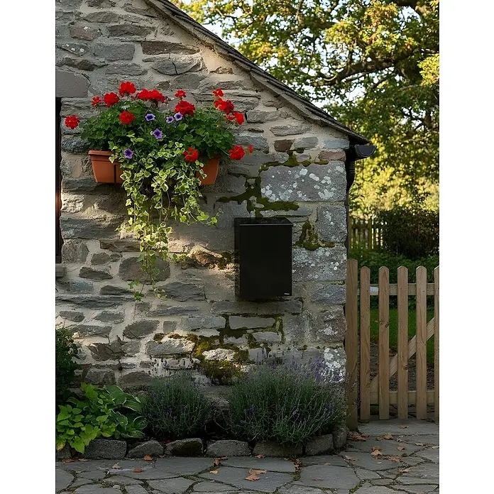 Allux Briefkasten 100 - L x B x H: 155 x 260 x 390 mm, Schwarz, Stahl - Schwarzer Metallbriefkasten an einer rustikalen Steinmauer neben einem Holztor.