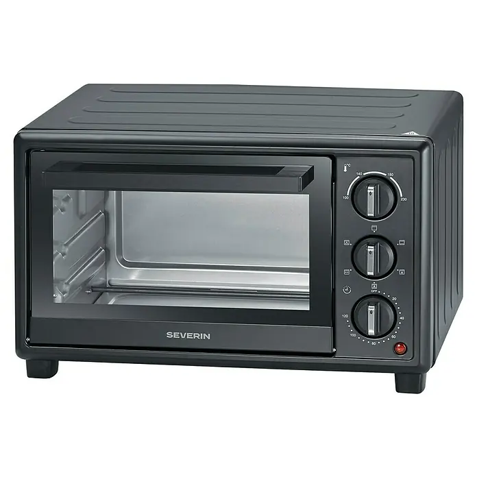 Severin Minibackofen TO2079 - Max. Leistung: 1.400 W, 20 l - Schwarzer Kompaktbackofen mit Glastür und drei Bedienknöpfen.