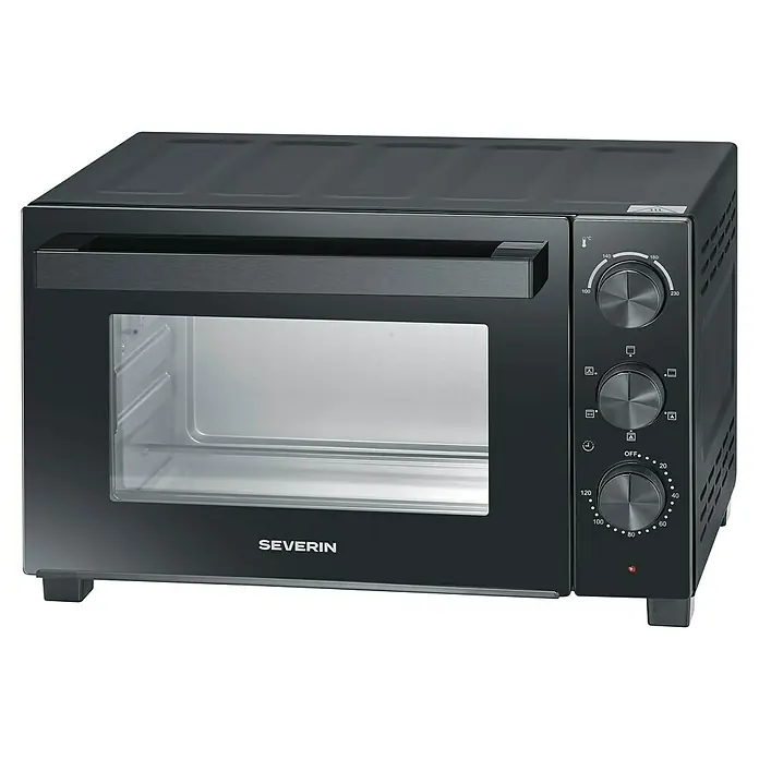 Severin Minibackofen TO2075 XL - Max. Leistung: 1.500 W, 30 l - Schwarzer Severin Mini-Backofen mit Glastür und drei Drehreglern an der rechten Seite.