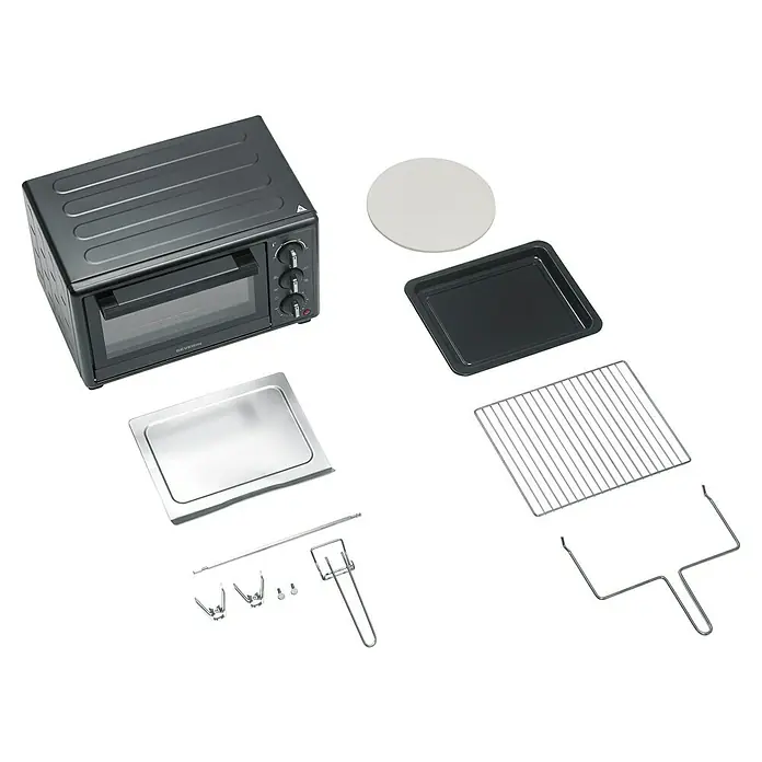 Severin Minibackofen TO2079 - Max. Leistung: 1.400 W, 20 l - Dunkelgrauer Toasterofen mit Zubehör: Pizzastein, Backblech, Rost und Drehspieß-Set.