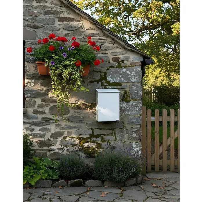 Allux Briefkasten 100 - L x B x H: 155 x 260 x 390 mm, Weiß, Stahl - Ein weißer, wandmontierter Briefkasten hängt an einer rustikalen Steinmauer eines Hauses, umgeben von Pflanzen und Blumen.