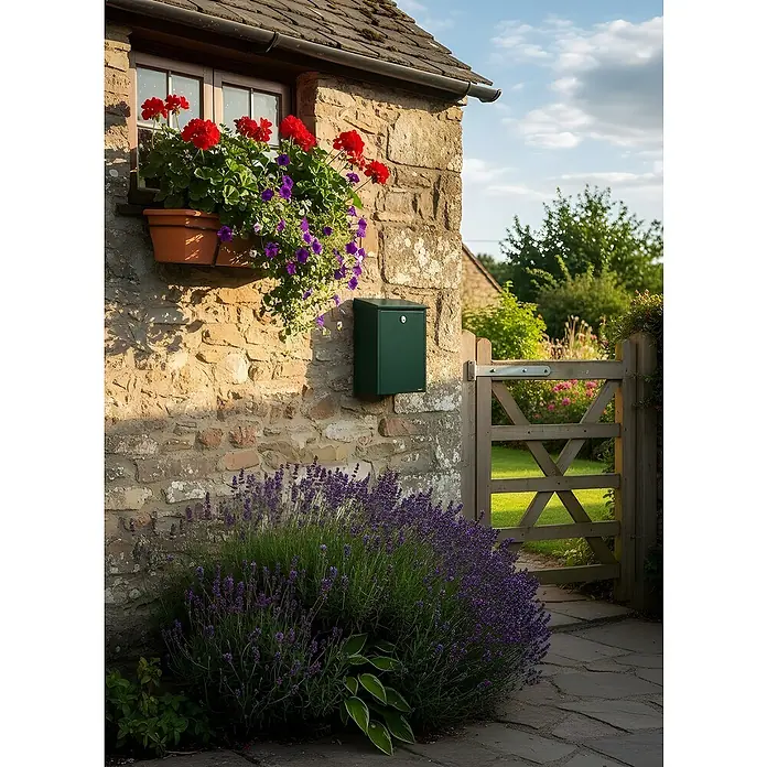 Allux Briefkasten 200 - L x B x H: 140 x 280 x 390 mm, Grün, Stahl - Dunkelgrüner Briefkasten an einer Steinmauer, neben einem blumengeschmückten Fenster und Holztor.