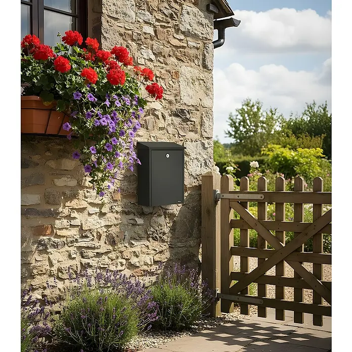 Allux Briefkasten 200 - L x B x H: 140 x 280 x 390 mm, Anthrazit, Stahl - Dunkelgrauer Briefkasten an einer Steinmauer montiert, mit Holztor und Blumen in der Nähe.