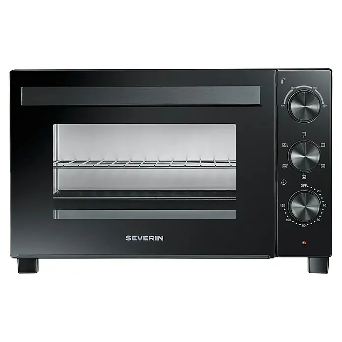 Severin Minibackofen TO2075 XL - Max. Leistung: 1.500 W, 30 l - Schwarzer Minibackofen mit Glastür, silberfarbenen Drehreglern und einem Rost.