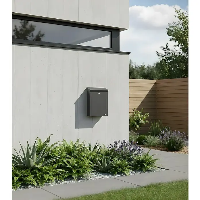 Allux Briefkasten 200 - L x B x H: 140 x 280 x 390 mm, Anthrazit, Stahl - Dunkelgrauer Wandbriefkasten an einer hellen, modernen Hausfassade.