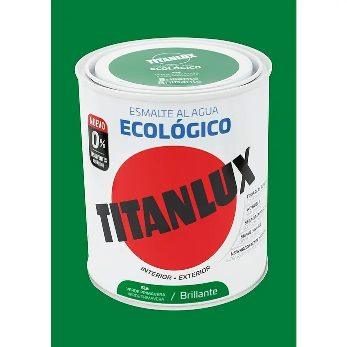 Titanlux Esmalte de color Eco - Verde primavera, Brillante, 750 ml, Base de agua - Bote de pintura esmalte al agua Titanlux, ecológica, color verde primavera, para interior y exterior.