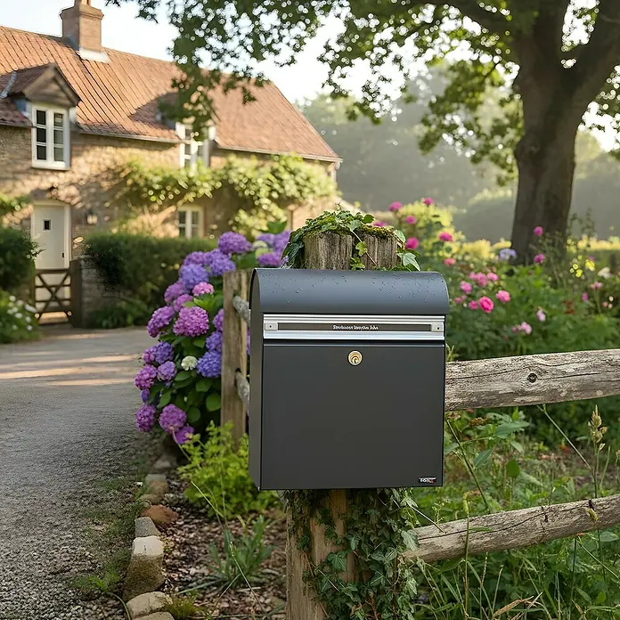 Allux Briefkasten KS200 - L x B x H: 170 x 400 x 445 mm, Anthrazit, Stahl, Namensschild - Dunkelgrauer Briefkasten mit silbernem Akzentpanel und Schlüsselschloss, montiert an einem rustikalen Holzpfosten im Garten.