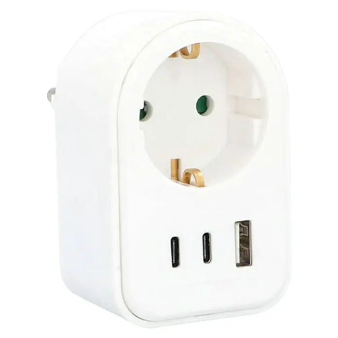 Voltomat Zwischenstecker 1 x USB-A, 2 x USB-C - Weiß, IP20 - Weißer Universal-Stromadapter mit Schuko-Steckdose, zwei universellen Flachsteckdosen und USB-A-Ladeanschluss.