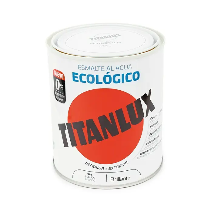 Titanlux Esmalte de color Eco - Blanco, Brillante, 2,5 l, Base de agua - Un bote de pintura Titanlux Esmalte al Agua Ecológico, de color blanco, para interior y exterior, con un acabado brillante.