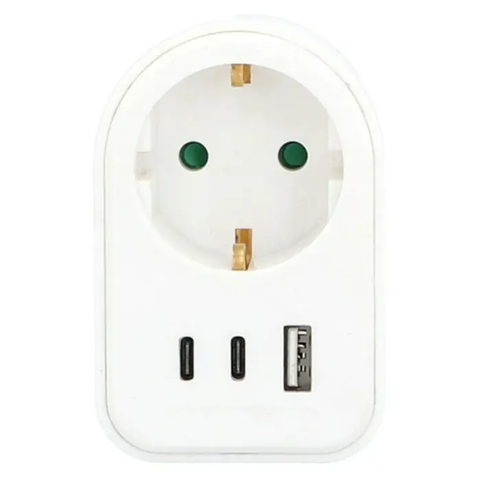 Voltomat Zwischenstecker 1 x USB-A, 2 x USB-C - Weiß, IP20 - Weißer Stromadapter mit Schuko-Steckdose, zwei USB-C- und einem USB-A-Anschluss.