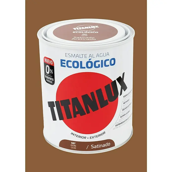Titanlux Esmalte de color Eco - Ocre, Satinado, 750 ml, Base de agua - Bote de pintura esmalte al agua Titanlux en ocre satinado, pintura ecológica para interior y exterior.