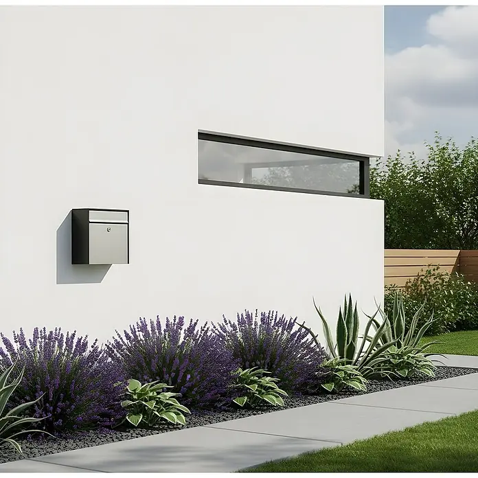 Allux Briefkasten 250 - L x B x H: 150 x 360 x 360 mm, Schwarz / Silber, Stahl - Schlanker silber-schwarzer Briefkasten an moderner Wand, umgeben von lila Lavendel.