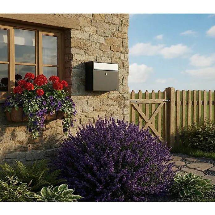 Allux Briefkasten 250 - L x B x H: 150 x 360 x 360 mm, Anthrazit, Stahl - Anthrazitfarbener Briefkasten mit silberner Klappe an einer Steinmauer, umgeben von Gartenpflanzen.