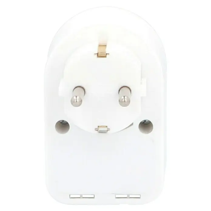 Voltomat Zwischenstecker 1 x USB-A, 2 x USB-C - Weiß, IP20 - Weißer Netzadapter mit zwei runden Stiften und zwei USB-Ladeanschlüssen.