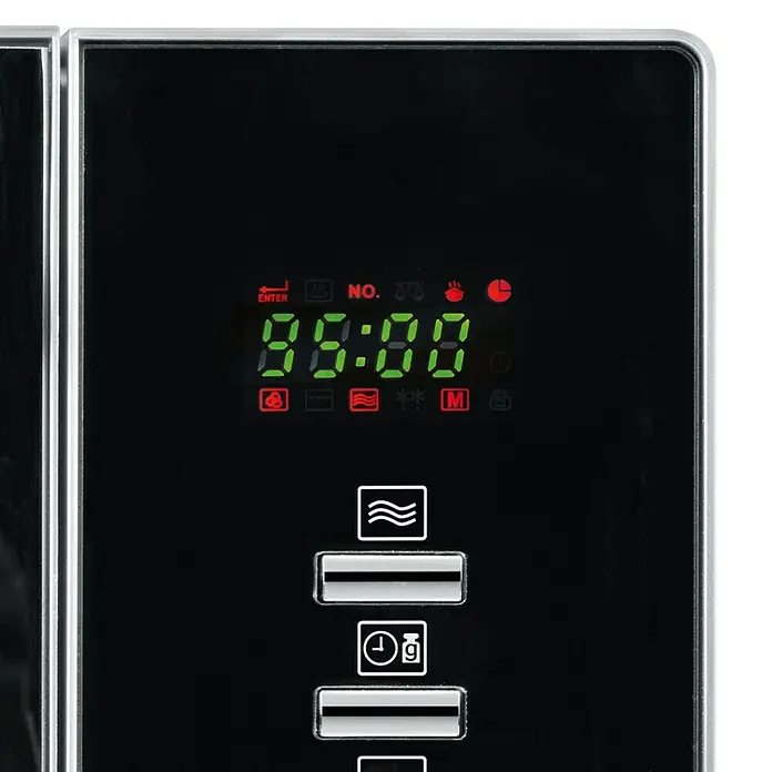 Severin Mikrowelle 3 in 1 MW7773 - Max. Leistung: 800 W, 20 l - Schlankes schwarzes Glasbedienfeld mit grüner Digitalanzeige (88:88), roten Symbolen und drei Touch-Tasten für Gerätefunktionen.