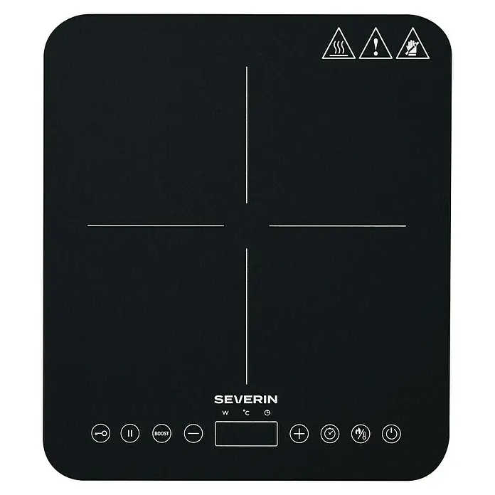 Severin Kochplatte KP1025 - L x B: 27 x 31 cm, Anzahl Induktionskochstellen: 1 Stk. - Schwarzes Glaskeramik-Induktionskochfeld mit Touch-Bedienung, vier Kochzonen und Sicherheitssymbolen, Marke Severin.