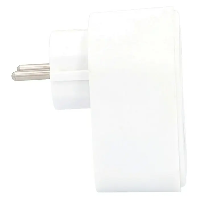 Voltomat Zwischenstecker 1 x USB-A, 2 x USB-C - Weiß, IP20 - Weißer elektrischer Stecker mit zwei Metallstiften.