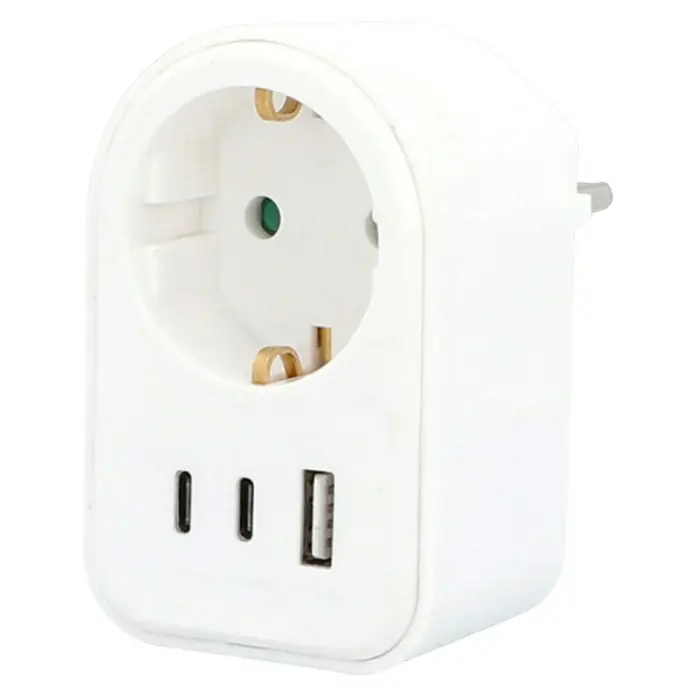 Voltomat Zwischenstecker 1 x USB-A, 2 x USB-C - Weiß, IP20 - Weißer Stromadapter mit Schuko-Steckdose, zwei zusätzlichen Ausgängen und einem USB-Anschluss.