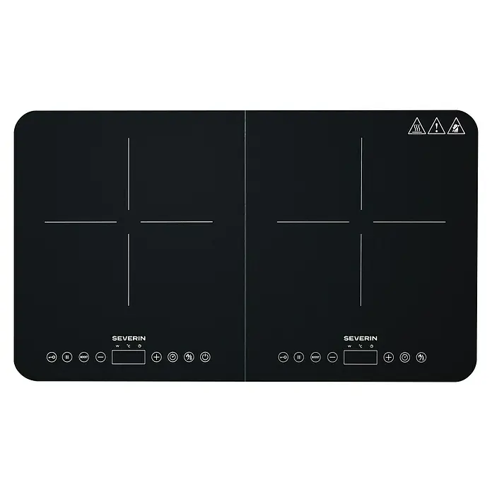 Severin Kochplatte DK1027 - L x B: 34,5 x 58,5 cm, Anzahl Induktionskochstellen: 2 Stk. - Schwarzes Severin Zwei-Zonen-Induktionskochfeld mit Touch-Steuerung, Leistungsanzeige und Sicherheitshinweisen.