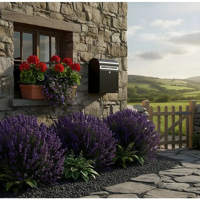 Allux Briefkasten KS200 - L x B x H: 170 x 400 x 445 mm, Schwarz, Stahl, Namensschild - Schlanker, schwarzer Briefkasten an alter Steinhauswand mit Blumen.