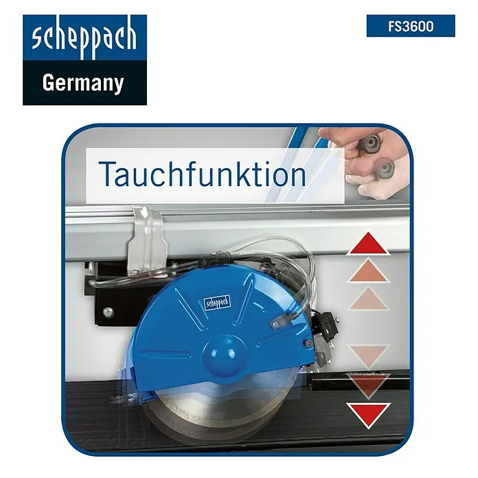 Scheppach Elektro-Fliesenschneider FS3600 - 900 W, Max. Schnittlänge: 920 mm, Schnitttiefe bei 90 °: 36 mm - Die Scheppach FS3600 Fliesenschneidmaschine mit Tauchfunktion ermöglicht präzise Schnitte in Fliesen und Steinmaterialien. Zuverlässig und leistungsstark.