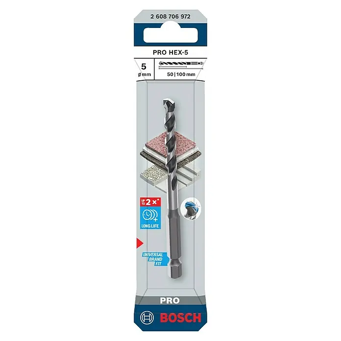 Bosch Broca para hormigón y mampostería HEX-5 - Diámetro de la broca: 5 mm, Longitud de trabajo: 50 mm, Largo: 100 mm - Broca Bosch PRO HEX-5 5mm (50/100mm) en embalaje. Duradera, multi-material con ajuste universal de marca.