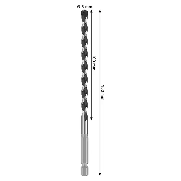 Bosch Broca para hormigón y mampostería HEX-5 - Diámetro de la broca: 6 mm, Longitud de trabajo: 100 mm, Largo: 150 mm - Broca espiral negra y plateada con vástago hexagonal, 6mm de diámetro, 100mm de longitud de trabajo, 150mm de longitud total.