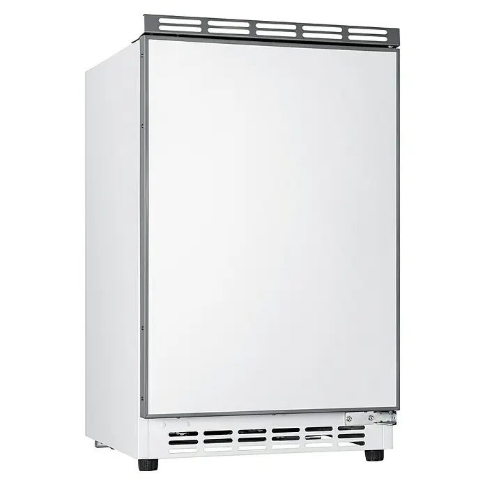 Flex-Well Tiago Singleküche Typ 1 - Breite: 210 cm, Grau, Mit Elektrogeräten - Weißer Kompaktkühlschrank mit grauen Zierleisten und oberem Lüftungsschlitz.