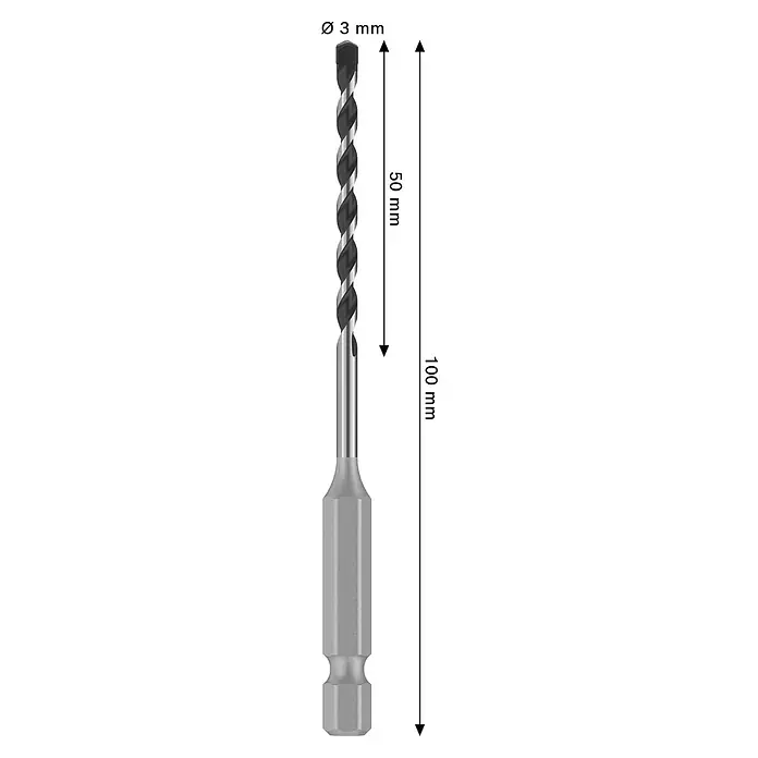 Bosch Broca para hormigón y mampostería HEX-5 - Diámetro de la broca: 3 mm, Longitud de trabajo: 50 mm, Largo: 100 mm - Broca espiral HSS Ø 3 mm, 100 mm de longitud total, 50 mm de longitud útil, con vástago hexagonal.
