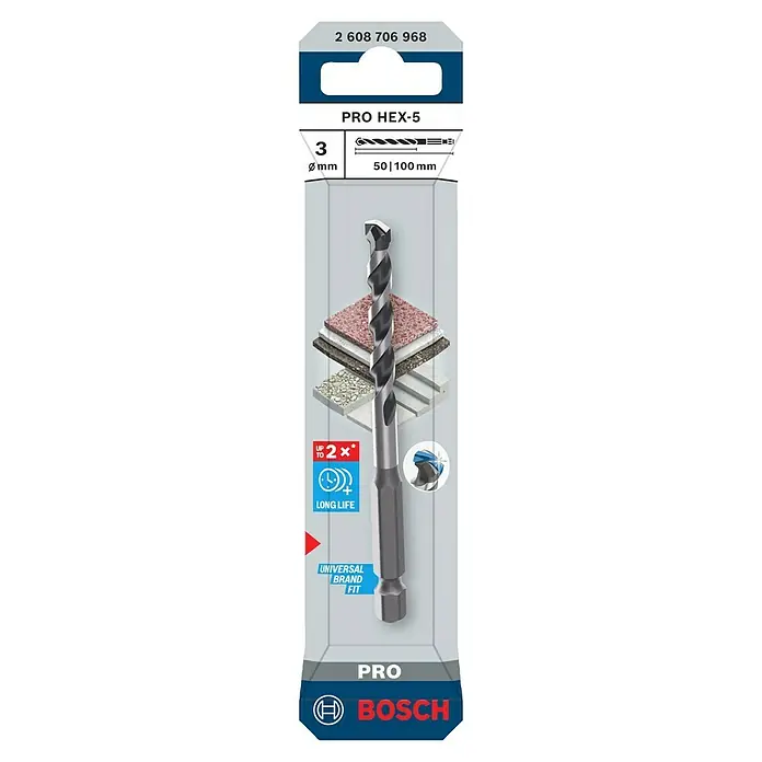 Bosch Broca para hormigón y mampostería HEX-5 - Diámetro de la broca: 3 mm, Longitud de trabajo: 50 mm, Largo: 100 mm - Broca universal Bosch PRO HEX-5 de 3mm con punta azul, diseñada para una larga vida útil.