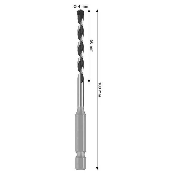 Bosch Broca para hormigón y mampostería HEX-5 - Diámetro de la broca: 4 mm, Longitud de trabajo: 50 mm, Largo: 100 mm - Broca plateada y negra de 4mm con vástago hexagonal, 50mm de longitud de trabajo, 100mm de longitud total.