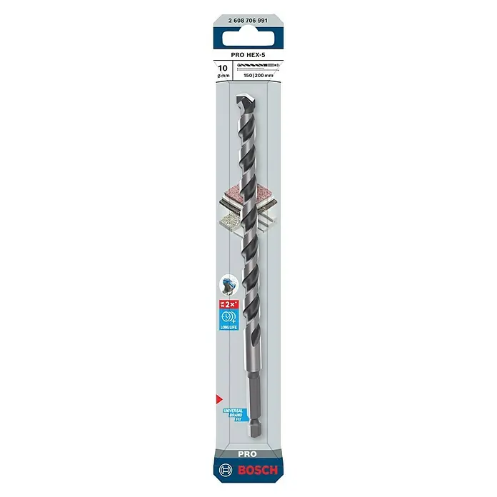 Bosch Broca para hormigón y mampostería HEX-5 - Diámetro de la broca: 10 mm, Longitud de trabajo: 150 mm, Largo: 200 mm - Broca Bosch PRO HEX-5 de 10mm con vástago hexagonal, diseñada para perforación multimaterial y larga vida útil.