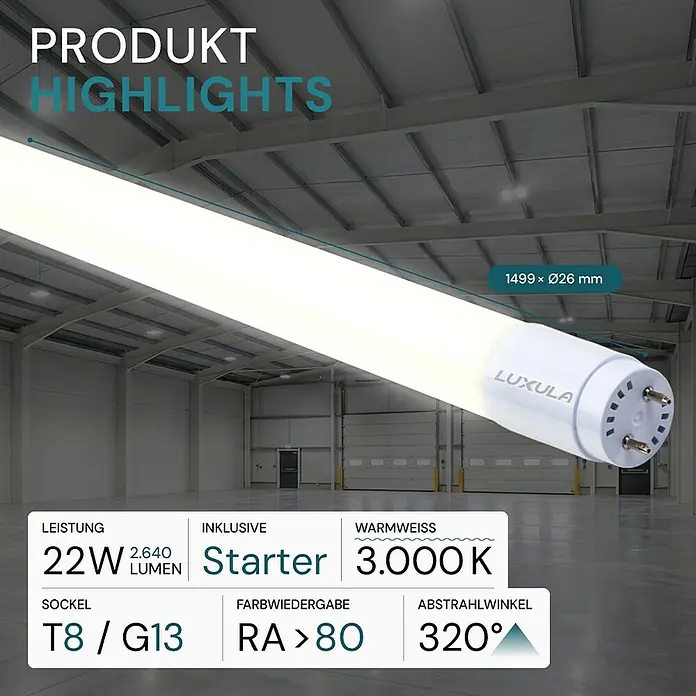 Luxula LED-Röhre - 22 W, 150 cm, Warmweiß, 2.640 lm