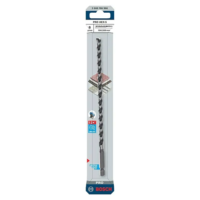 Bosch Broca para hormigón y mampostería HEX-5 - Diámetro de la broca: 8 mm, Longitud de trabajo: 150 mm, Largo: 200 mm - Broca Bosch PRO HEX-5 de 8mm para mampostería, 150/200mm, con vástago hexagonal para ajuste universal y vida útil prolongada.