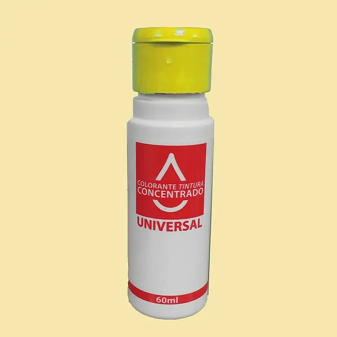 Colorante Concentrado universal - Amarillo, 60 ml - Imagen de una botella de 60 ml de concentrado de tinte universal, tapada con una tapa amarilla, ideal para un ajuste y modificación precisos del color.