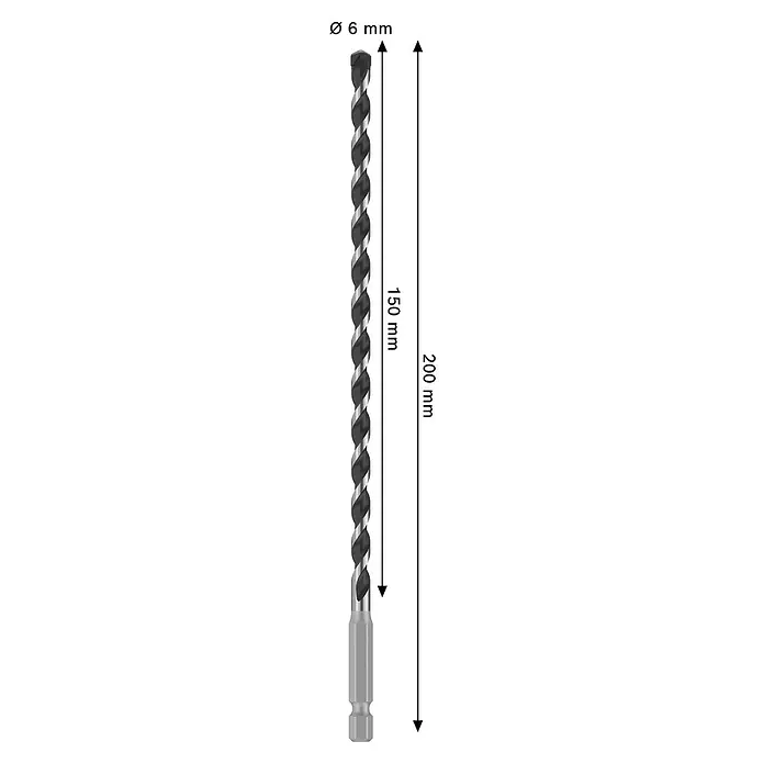 Bosch Broca para hormigón y mampostería HEX-5 - Diámetro de la broca: 6 mm, Longitud de trabajo: 150 mm, Largo: 200 mm - Broca negra y plateada de 6mm con vástago hexagonal, 150mm de longitud de trabajo, 200mm de longitud total.