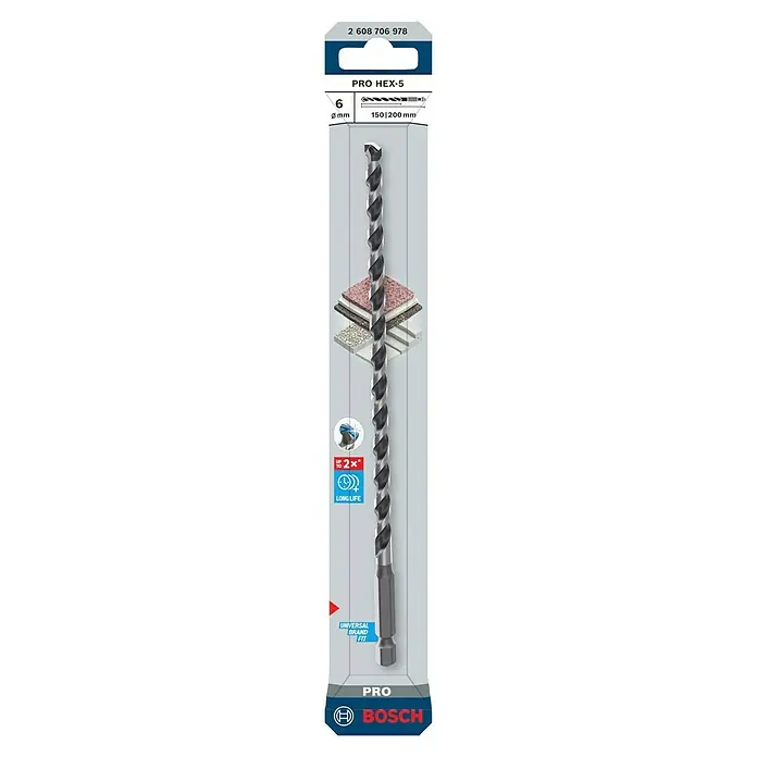 Bosch Broca para hormigón y mampostería HEX-5 - Diámetro de la broca: 6 mm, Longitud de trabajo: 150 mm, Largo: 200 mm - Broca Bosch PRO HEX-5, 6mm diámetro, 200mm larga, vástago hexagonal universal, larga vida útil.