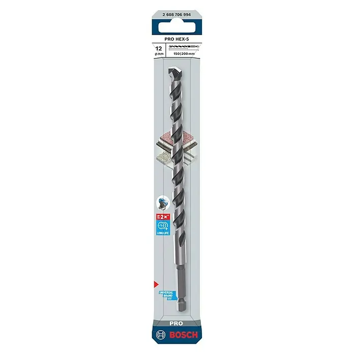 Bosch Broca para hormigón y mampostería HEX-5 - Diámetro de la broca: 12 mm, Longitud de trabajo: 150 mm, Largo: 200 mm - Broca percutora Bosch PRO HEX-5 de 12mm con cabeza de 5 cortes para hormigón y piedra, gris metálico, ajuste universal, larga vida.