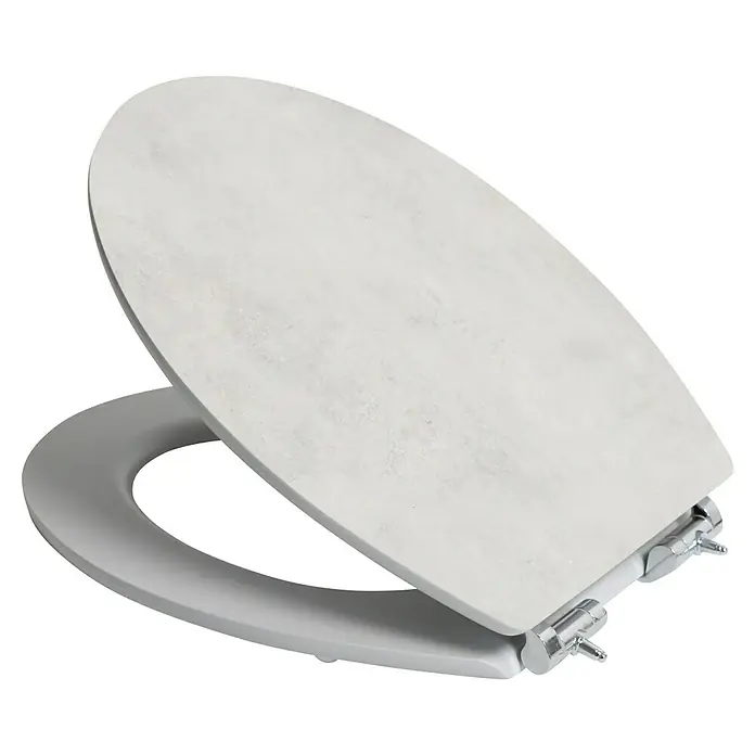 Poseidon Tapa de WC Light - MDF, Gris, Con caída amortiguada - Tapa de inodoro gris claro texturizada con asiento a juego y bisagras cromadas, parcialmente abierta.