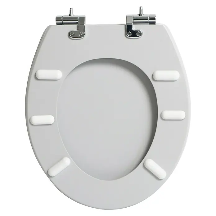 Poseidon Tapa de WC Light - MDF, Gris, Con caída amortiguada - Asiento de inodoro blanco con bisagras cromadas y múltiples almohadillas de soporte blancas.