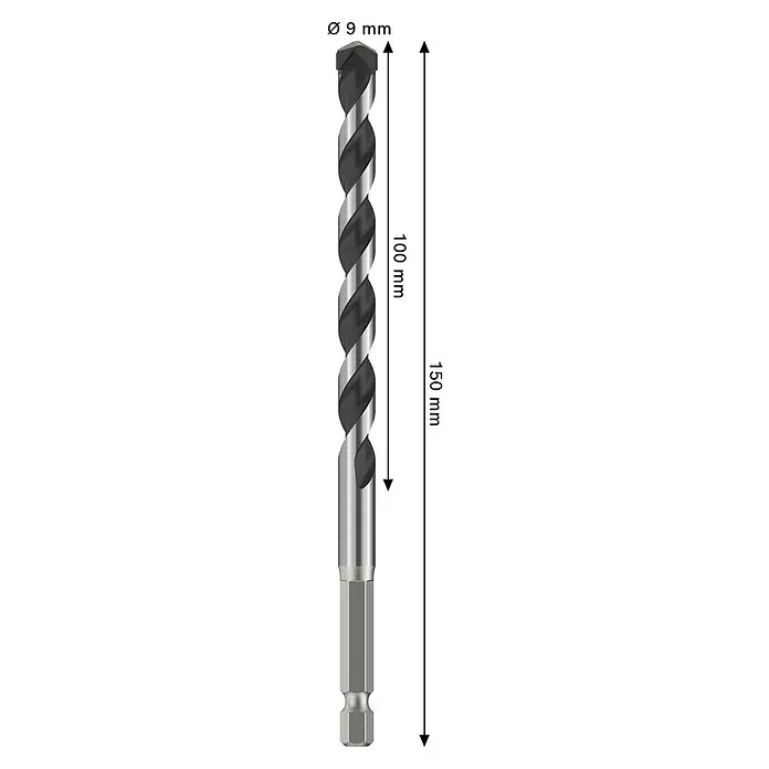 Bosch Broca para hormigón y mampostería HEX-5 - Diámetro de la broca: 9 mm, Longitud de trabajo: 100 mm, Largo: 150 mm - Broca espiral metálica de 9mm con vástago hexagonal, 100mm de longitud de trabajo, 150mm de longitud total, acabado metálico bicolor.